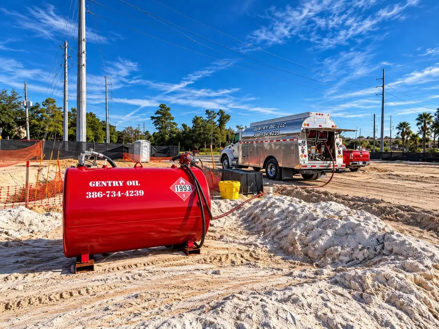 Red Gentry Oil fuel tank set up on a construction site with the Gentry Oil tanker truck parked nearby