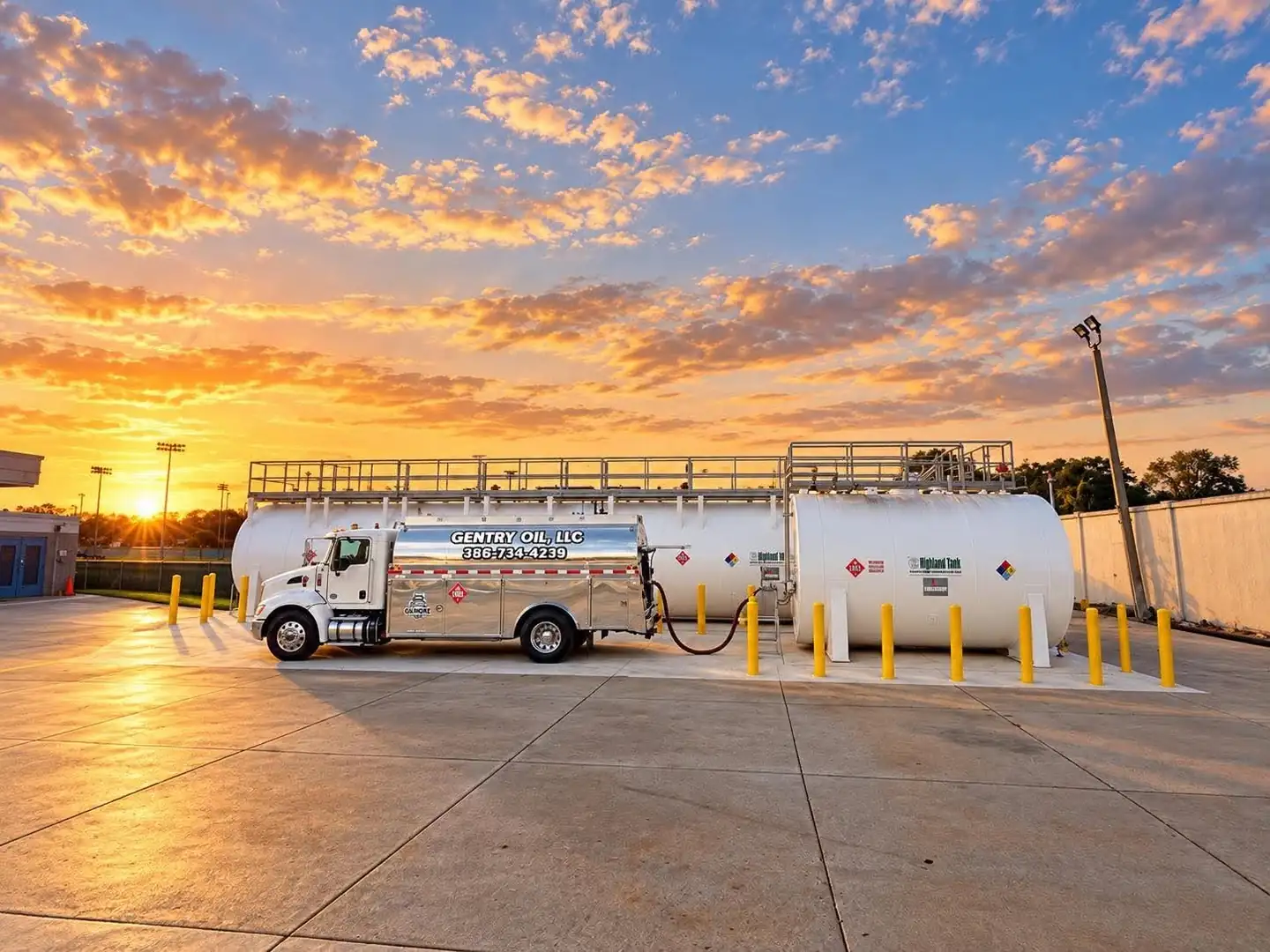 Gentry Oil tanker truck parked at bulk fuel storage tanks at sunset